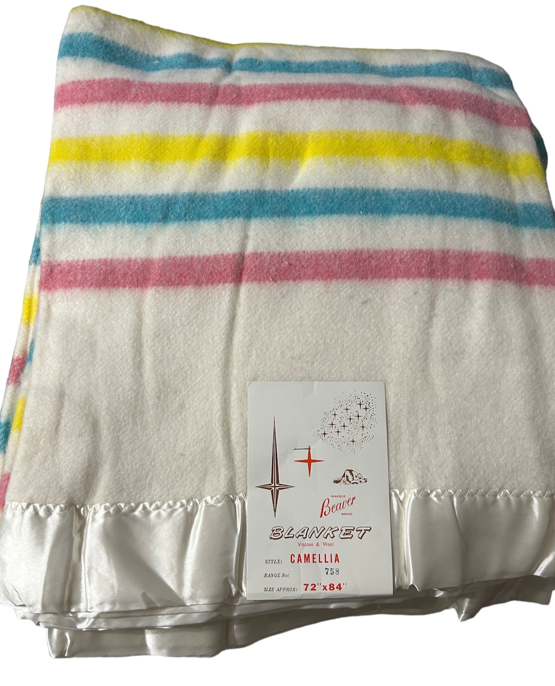 1960s Vintage Beaver Brand Blanket 72x84 King Size Satin Trim Blanket Blue Yellow Pink Striped