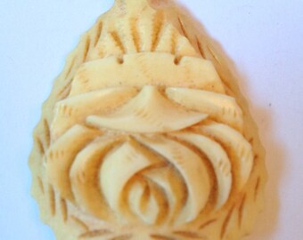 Faux Ivory Rose Pendant Hand Carved 