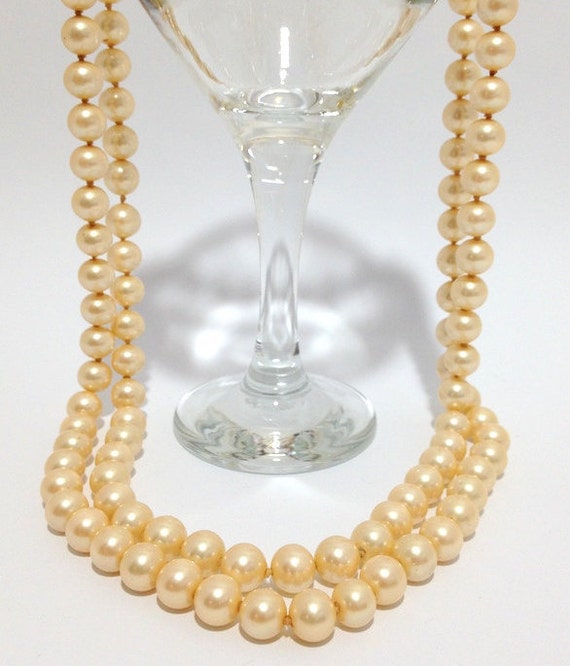 Long Faux Pearl Necklace, 18" Golden Colored Pear… - image 3
