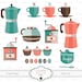 Coffee Clip Art Set- 19 clipart images: coffee beans, coffee makers, mugs, cupcakes, coffee grinders, sugar bowl, spoon 