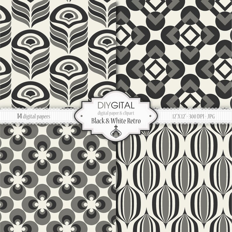Black & White Retro Digital Papers Retro Patterns 14 | Etsy