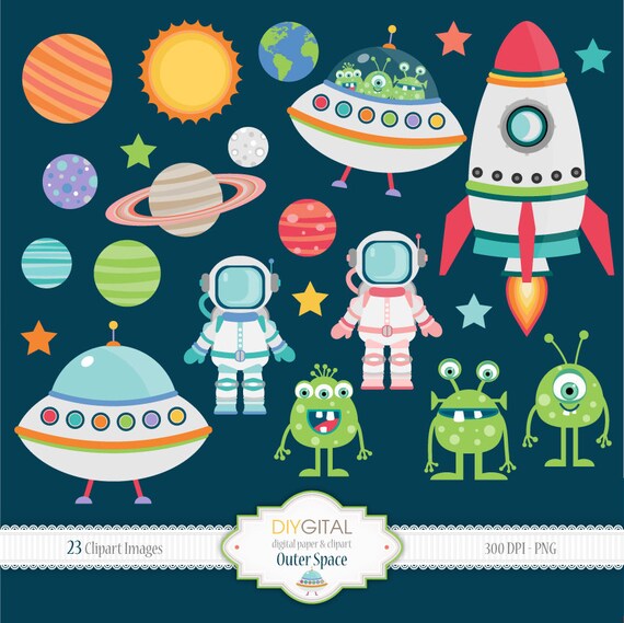 Outer Space Clipart Set 23 Png Images Planets Rocket Ufos Etsy