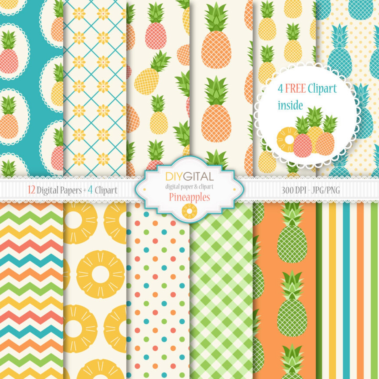 Pineapples Digital Paper Set 12 Pineapple Digital Papers Plus Etsy