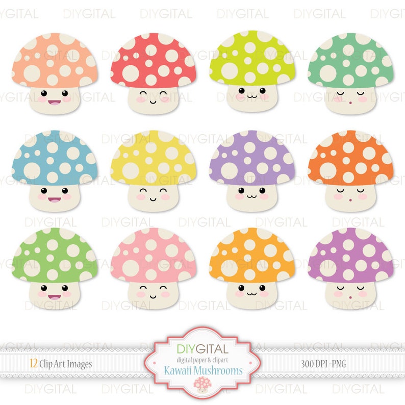 Kawaii Mushrooms Clip Art Set 12 Colorful Kawaii Mushrooms Etsy