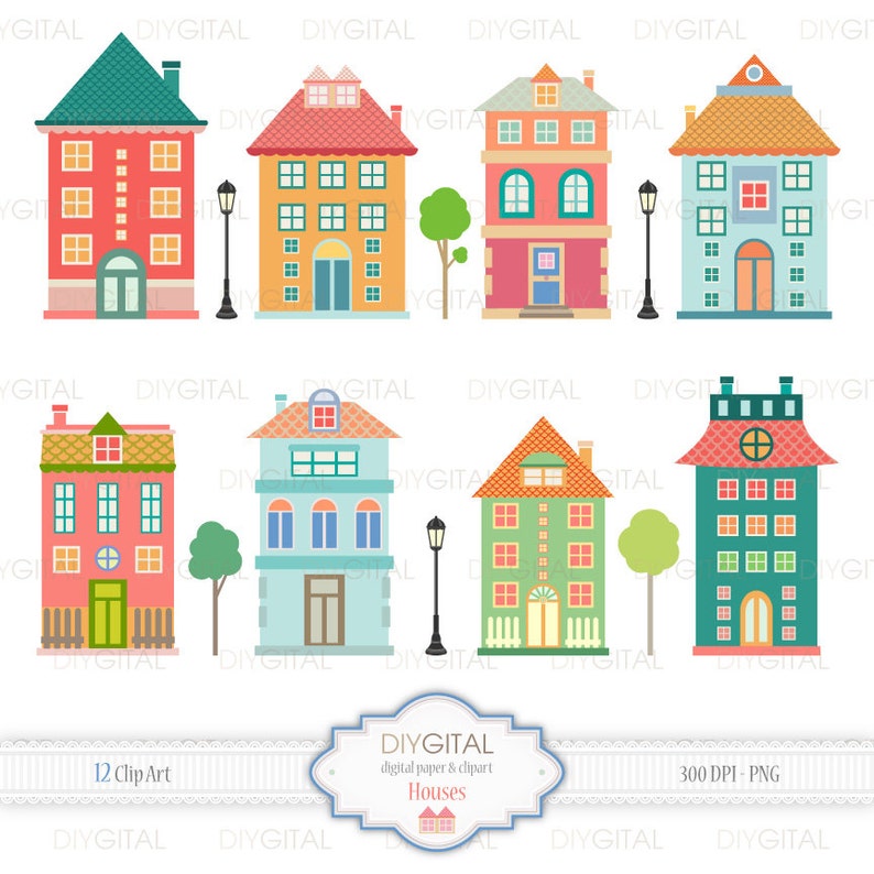 Houses Clip Art Set 12 Printable Cliparts for Scrapbooking, Cards, 