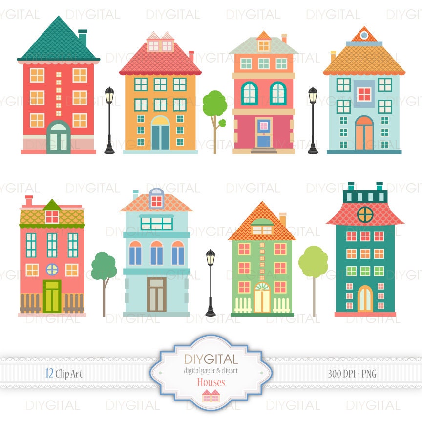 Houses Clip Art Set 12 Printable Cliparts for Scrapbooking, Cards, Web ...