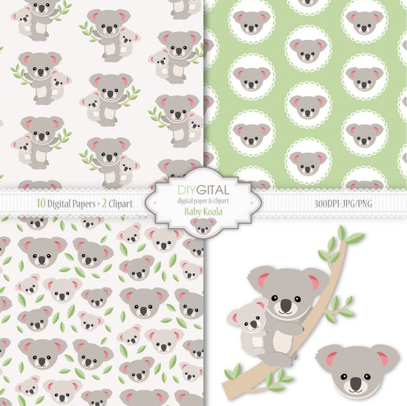 Baby Koala 10 Green and Gray Backgrounds 2 Clipart With - Etsy
