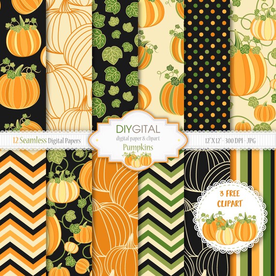 Pumpkins 12 Seamless Digital Papers 3 Free Pumpkin Clipart Etsy