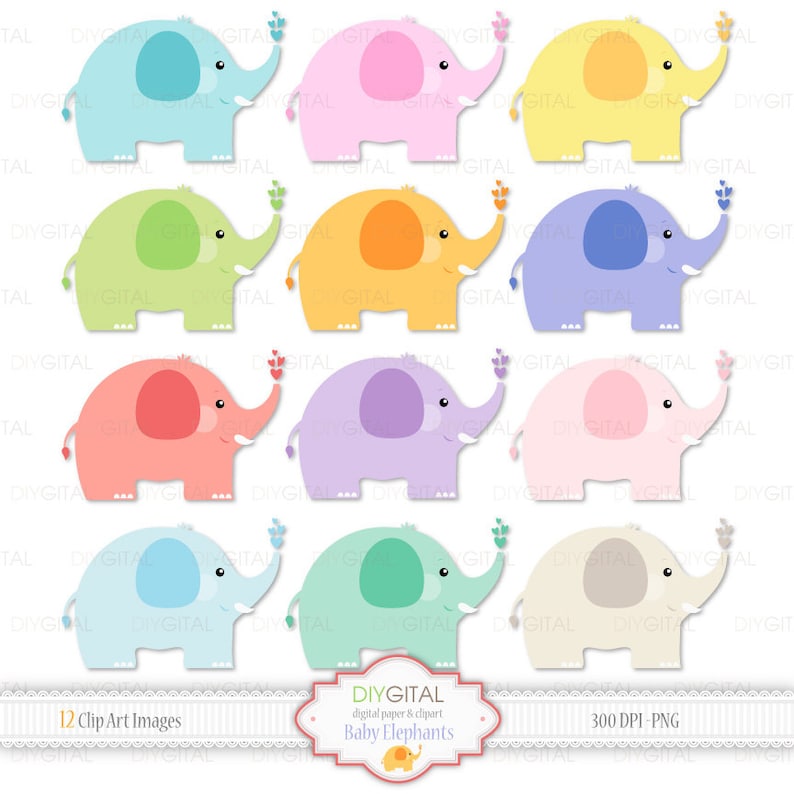 Cute elephants 12 Colorful Baby Elephant images Baby Elephants Clip Art Set Baby shower-New baby PNG transparent background