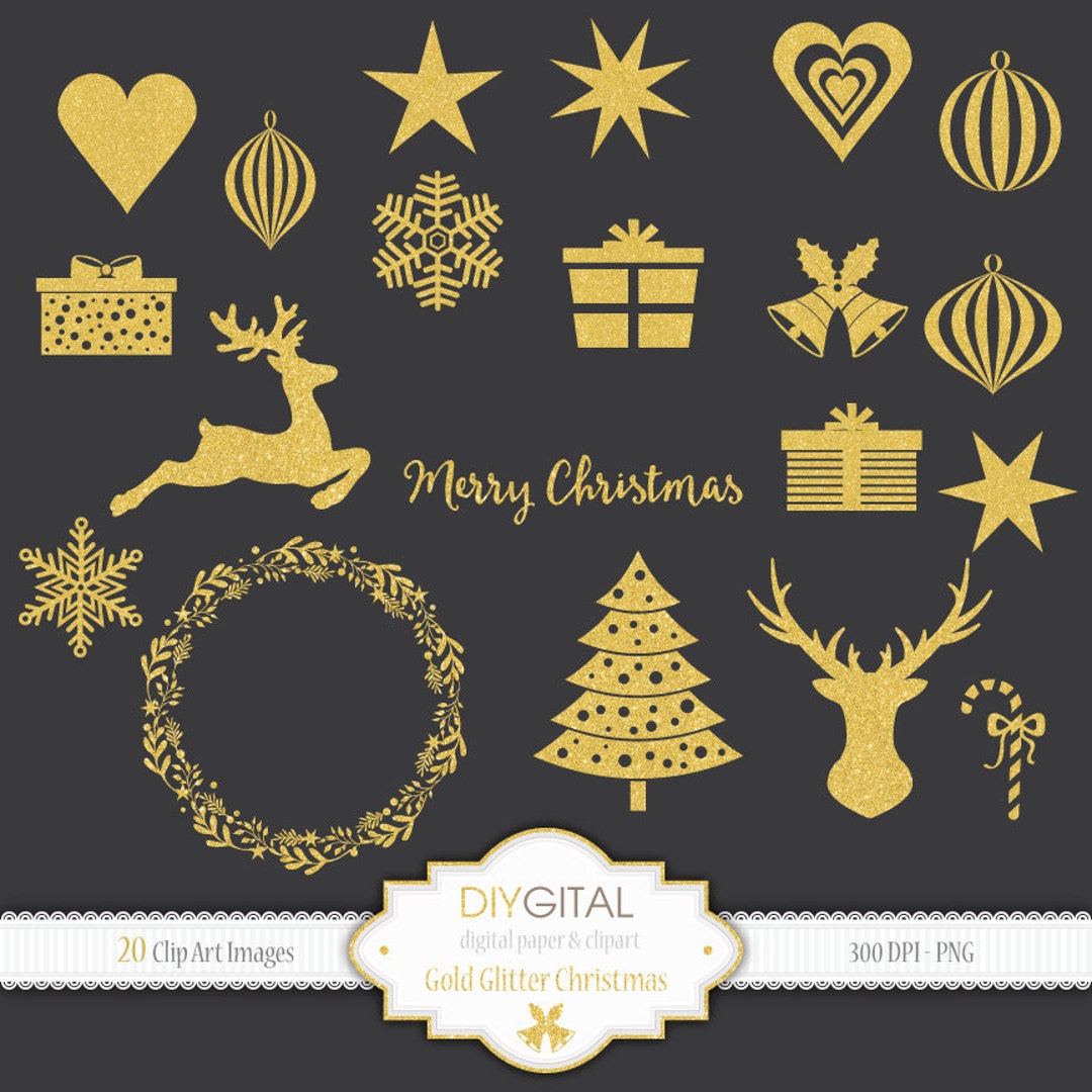 Gold Glitter Christmas Clip Art Set With Christmas Wording - Etsy