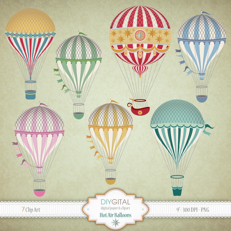 Vintage Hot Air Balloons Clip Art Set 7 Printable Cliparts for ...