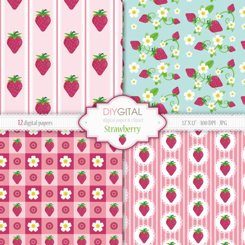Strawberry Digital Paper Set 12 Printable digital papers for Etsy