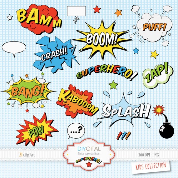 Colorful Comic Noise Clip Art Set Superheros Comic Book 