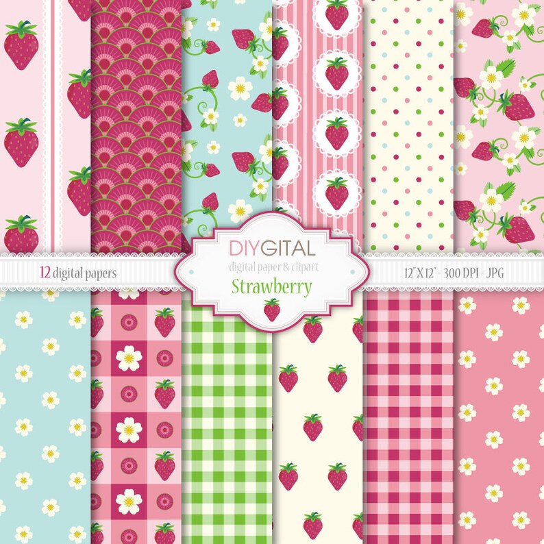 Strawberry Digital Paper Set 12 Printable digital papers for Etsy