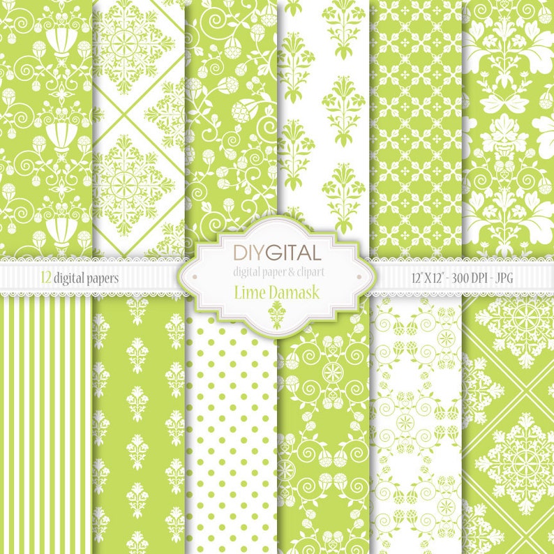 Lime Damask Green Damask Digital Papers for Scrapbooking Etsy