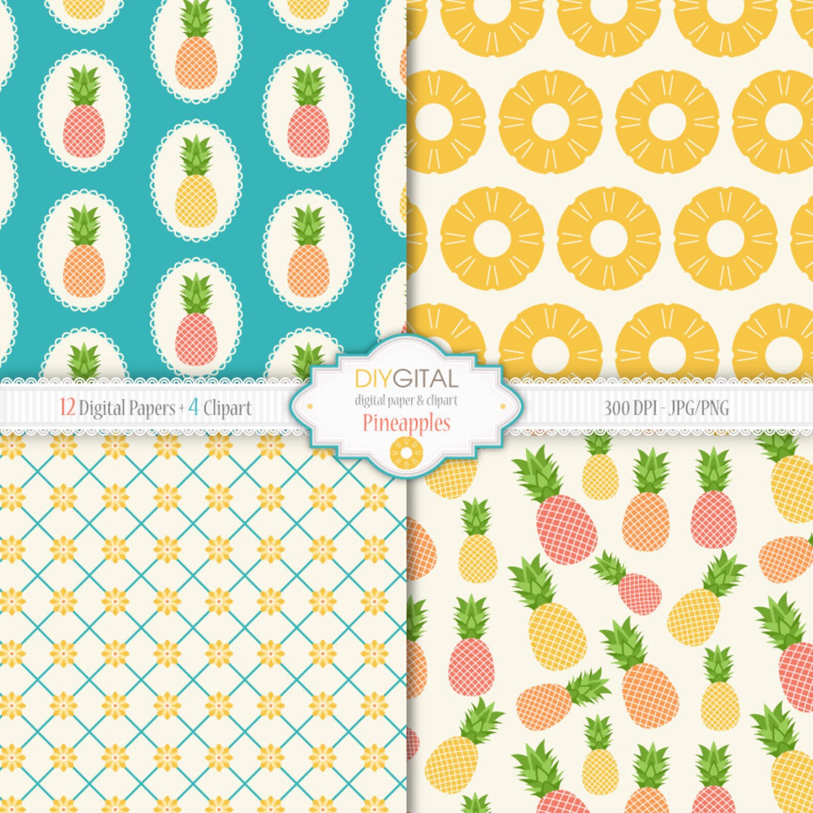 Pineapples Digital Paper Set 12 Pineapple Digital Papers Plus Etsy