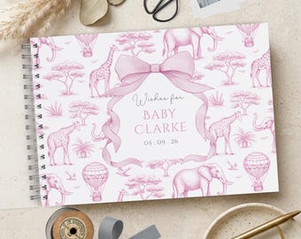 Pink Toile Baby Shower Guest Book, Safari De Jouy Print, Personalised A4 Scrapbook Album