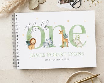 Wild One First Birthday Guest Book, Photo Scrapbook Album, Safari Animals, A4 Scrapbook Album