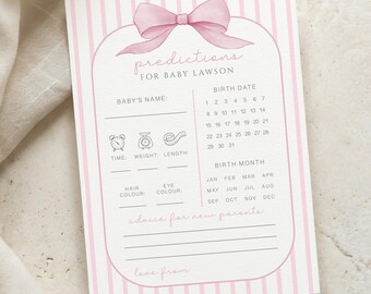 Baby Shower Prediction Cards, Personalised Predictions Game, Pink Candy Stripe and Bow