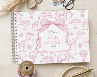 Pink Toile Baby Shower Guest Book, Safari De Jouy Print, Personalised Guestbook Scrapbook Album