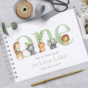 Safari Animals First Birthday Guest Book, 1st Birthday Photo Album, Personalised Party Guestbook