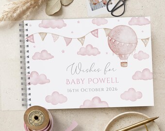 Pink Baby Shower Guest Book, Personalised Guestbook Scrapbook Album, Hot Air Balloon