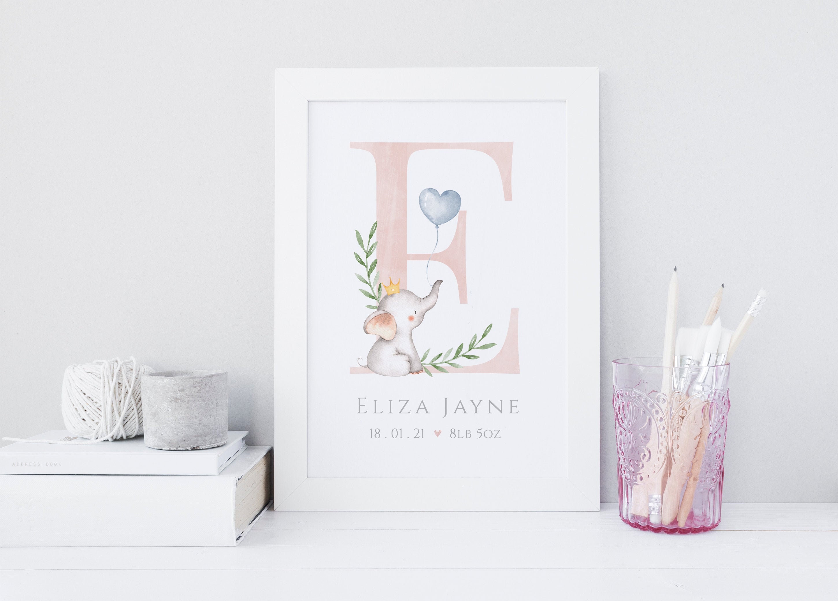 Pink Elephant Nursery Print, Personalised Nursery Decor, UNFRAMED Wal…