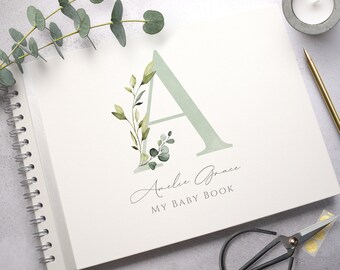 Sage Initial A4 Baby Scrapbook, Personalised Photo Album, Baby's First Year Record Book