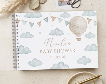 Blue Baby Shower Guest Book, Personalised Guestbook Scrapbook Album, Hot Air Balloon