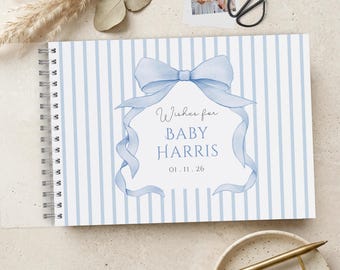 Blue Ribbon Baby Shower Guest Book, Handmade Scrapbook Album, Stripe Print