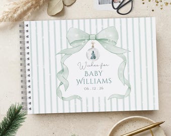 Christmas Baby Shower Guest Book, A4 Scrapbook Album, Neutral Green Stripe Ribbon Print