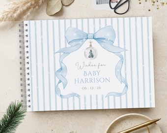 Christmas Baby Shower Guest Book, A4 Scrapbook Album, Blue Stripe Ribbon Print