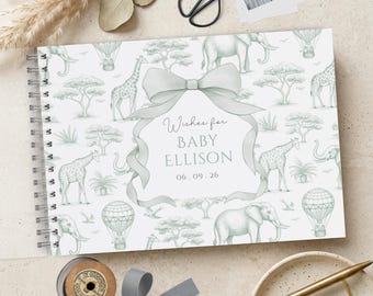 Sage Green Toile Baby Shower Guest Book, Vintage Safari De Jouy Print, A4 Scrapbook