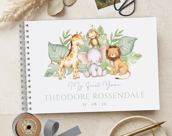 Baby Scrapbook, First Year Memory Book, A4 Photo Album, Safari Animals