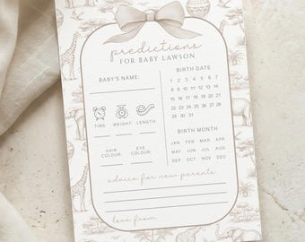 Baby Shower Prediction Cards, Personalised Predictions Game, Neutral Beige, Vintage Safari Toile de Jouy