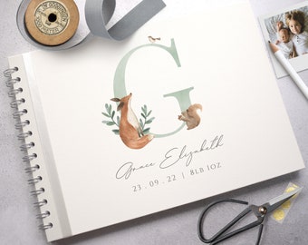 Woodland Initial A4 Baby Scrapbook, Personalised Fox Photo Album, Baby's First Year Record Book