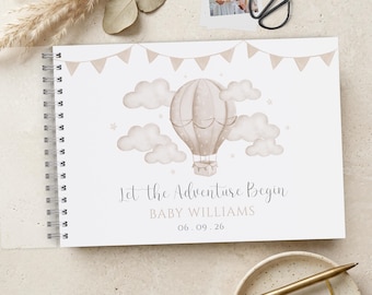 Baby Shower Guest Book, Hot Air Balloon, Neutral Beige Clouds Scrapbook Album