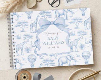 Baby Shower Guest Book, Blue Toile De Jouy Print, Vintage Safari, A4 Scrapbook Album