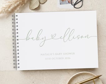 Heart Script Baby Shower Guest Book, Neutral Beige, Blue, Pink or Sage Green