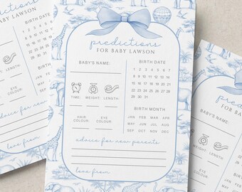 Baby Shower Prediction Cards, Personalised Predictions Game, Blue Toile, Vintage Safari
