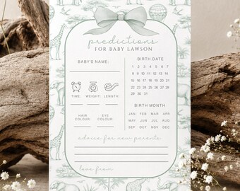 Baby Shower Prediction Cards, Personalised Predictions Game, Sage Green Vintage Safari Toile