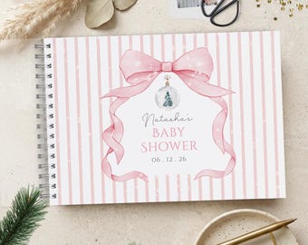 Christmas Baby Shower Guest Book, A4 Scrapbook Album, Pink Stripe Ribbon Print
