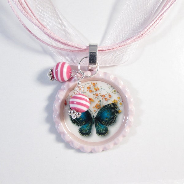 Butterfly Bottle Cap Necklace Pink Organza Ribbon Necklace