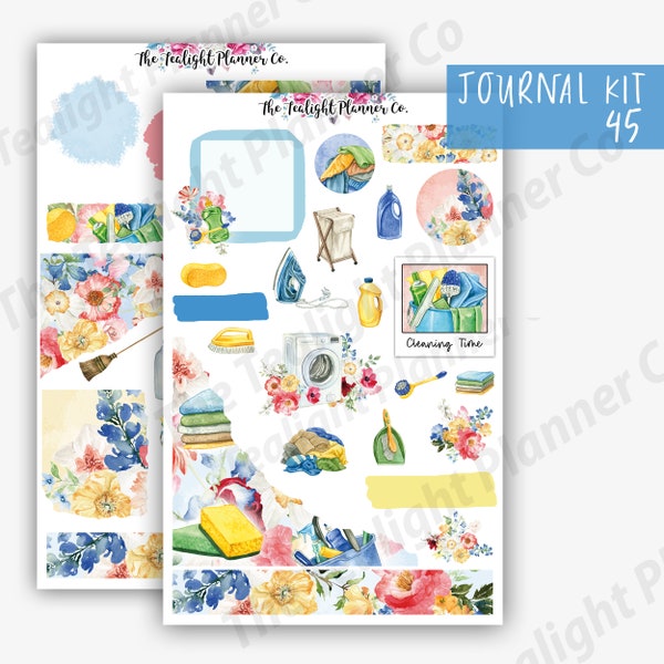 Spring Cleaning Journal Sticker Kit, Cleaning Stickers for Planner, Chore and Housework Stickers, Floral Stickers, Planner Stickers - Kit45