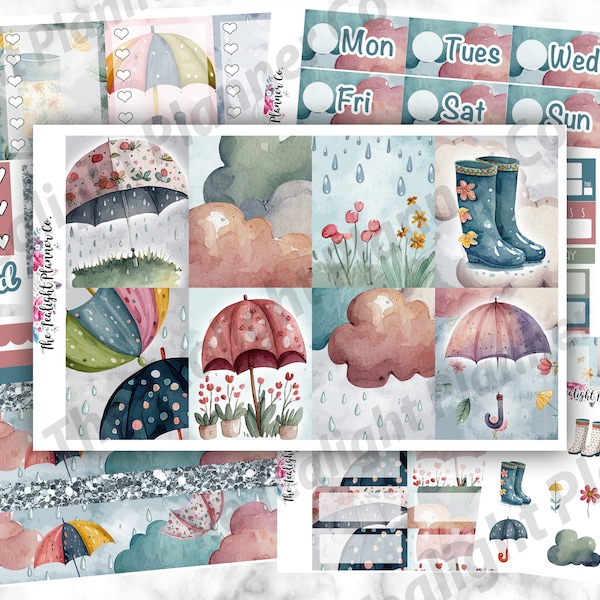 Rainy Day Planner Sticker Kit, Rain Stickers, Weather Stickers for Planning, Umbrella and Cloud Stickers, Spring Rain Stickers, Weekly Kit