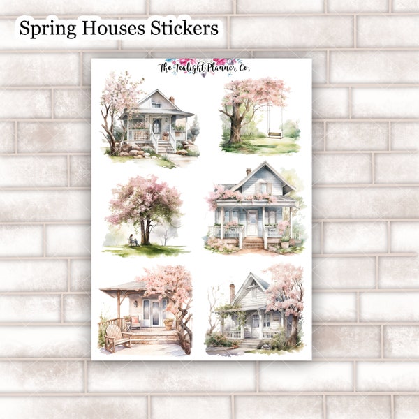 Spring Houses Stickers, Spring Stickers for Journaling and Planning, Spring Tree Sticker, Decorative Sticker Sheet, Journal Stickers - D117