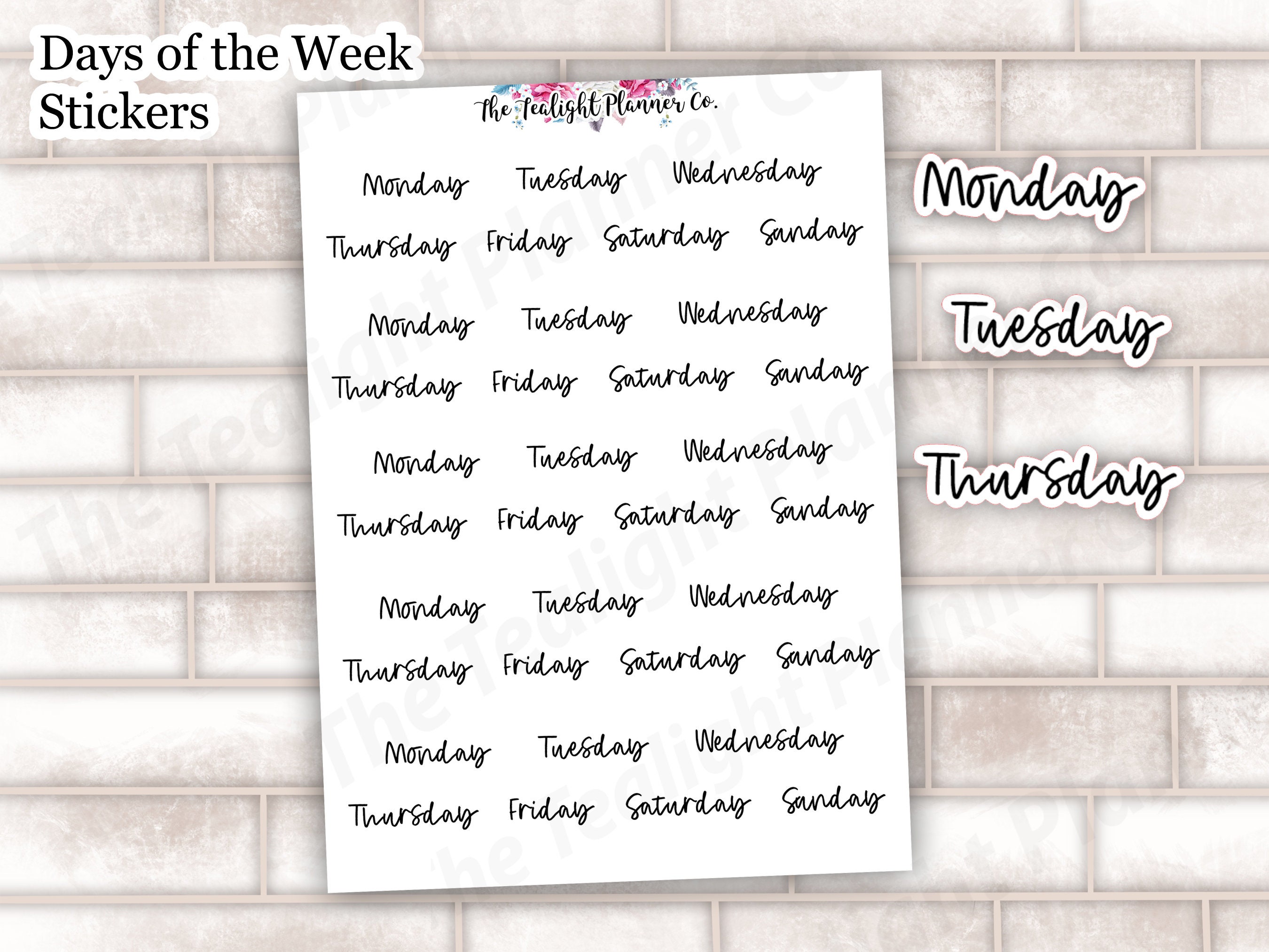 Days of the Week Script Stickers for Planner or Journal, Script Sticker,  Weekday Sticker, Daily Sticker, Word Sticker, Planner Sticker -S116