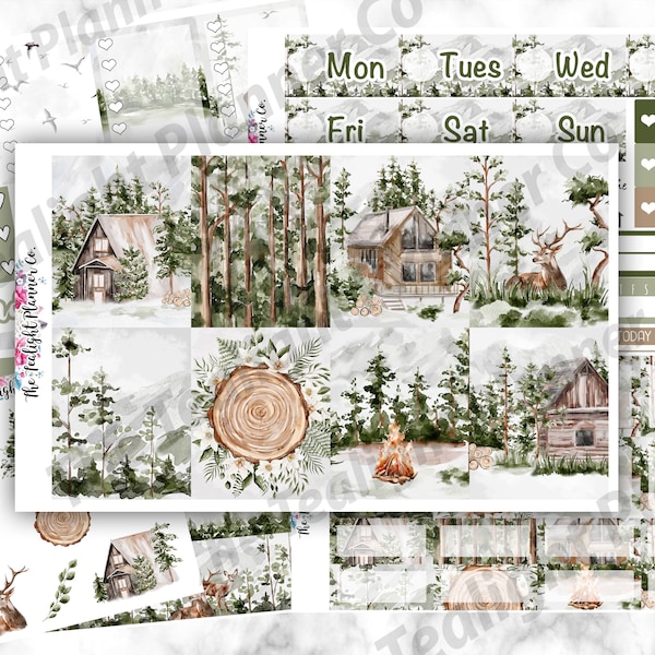 In the Woods Sticker Kit, Forest Planner Stickers, Tree and Deer Stickers, Woodland Stickers, Cabin Sticker, Vertical Kit for Planning