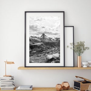Switzerland Landscape Photography, Zermatt Travel Photography, Large Photo Print, Black White Mountain Wall Art, Cloud Top Matterhorn
