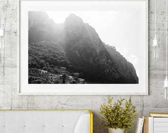 Zwart-wit Italië fotografie, Amalfikust, nautisch decor, bergfotografie, grote muur Fine Art Print, minimalistisch muurdecor